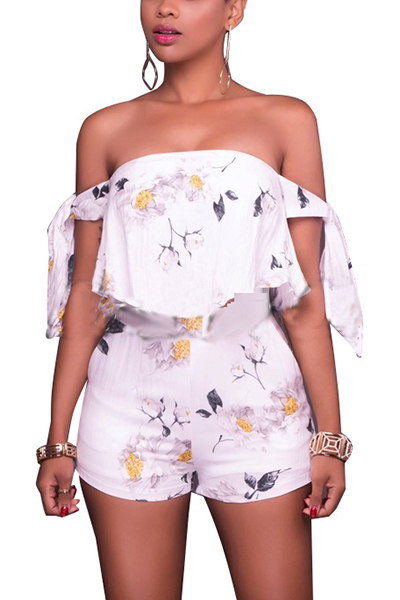 Trendy Dew Shoulder Printed White One-piece Skinny Jumpsuits