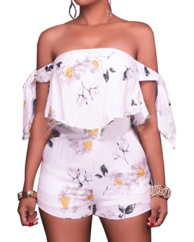 Trendy Dew Shoulder Printed White One-piece Skinny Jumpsuits