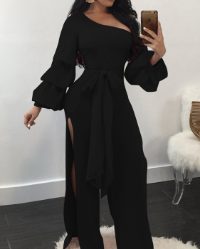 Trendy Dew Shoulder Side Split Black Polyester One-piece Jumpsuits