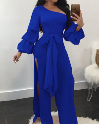 Trendy Dew Shoulder Side Split Blue Polyester One-piece Jumpsuits