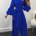 Trendy Dew Shoulder Side Split Blue Polyester One-piece Jumpsuits