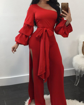 Trendy Dew Shoulder Side Split Red Polyester One-piece Jumpsuits