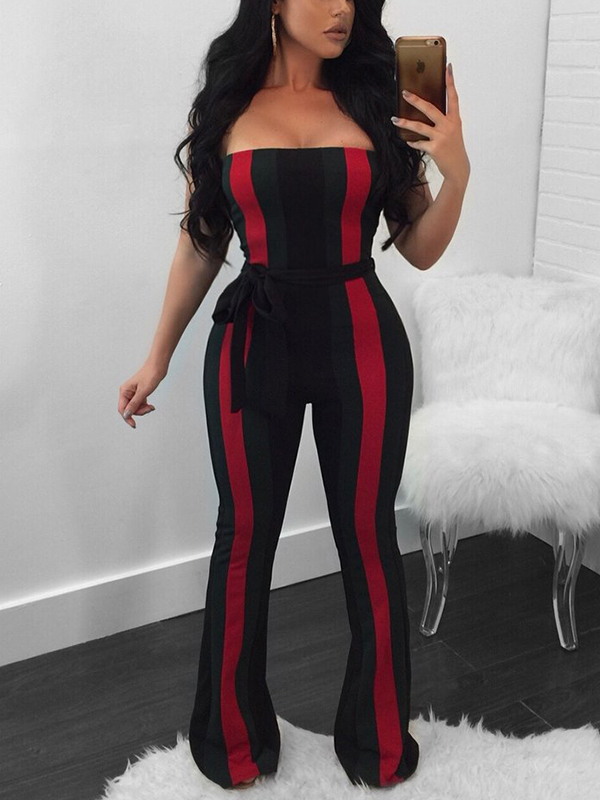 Trendy Dew Shoulder Striped Patchwork Black Polyester One-piece Jumpsuits(With Belt)