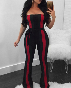 Trendy Dew Shoulder Striped Patchwork Black Polyester One-piece Jumpsuits(With Belt)