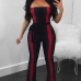 Trendy Dew Shoulder Striped Patchwork Black Polyester One-piece Jumpsuits(With Belt)