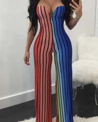 Trendy Dew Shoulder Striped Patchwork Milk Fiber One-piece Jumpsuits