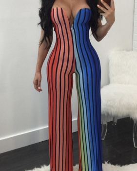 Trendy Dew Shoulder Striped Patchwork Milk Fiber One-piece Jumpsuits