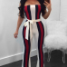 Trendy Dew Shoulder Striped Patchwork White Polyester One-piece Jumpsuits(With Belt)