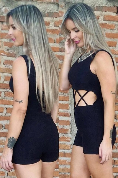 Trendy O Neck Tank Sleeveless Cross Hollow-out Black Cotton Blends One-piece Jumpsuits