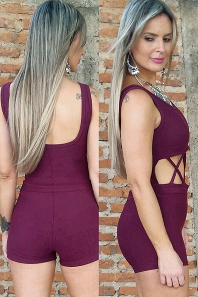 Trendy O Neck Tank Sleeveless Cross Hollow-out Purple Cotton Blends One-piece Jumpsuits