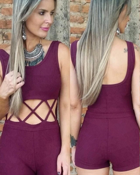 Trendy O Neck Tank Sleeveless Cross Hollow-out Purple Cotton Blends One-piece Jumpsuits