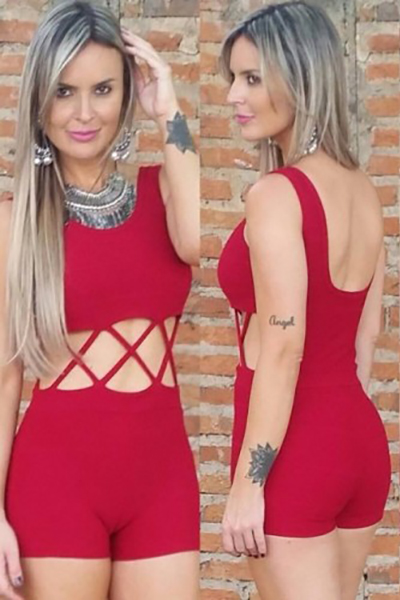 Trendy O Neck Tank Sleeveless Cross Hollow-out Red Cotton Blends One-piece Jumpsuits