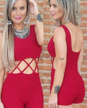 Trendy O Neck Tank Sleeveless Cross Hollow-out Red Cotton Blends One-piece Jumpsuits