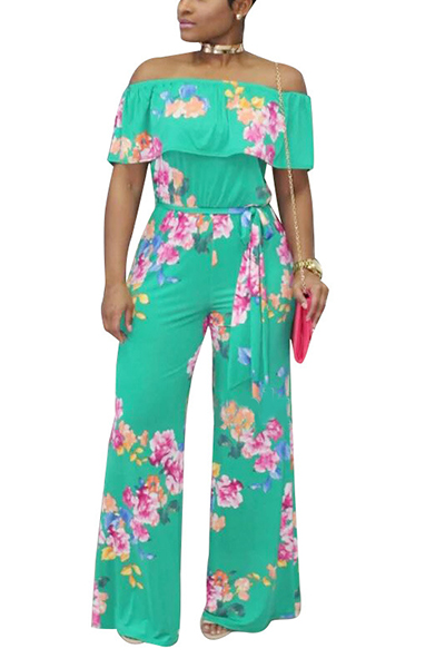 Trendy Printed Green Milk Fiber One-piece Jumpsuits