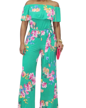 Trendy Printed Green Milk Fiber One-piece Jumpsuits