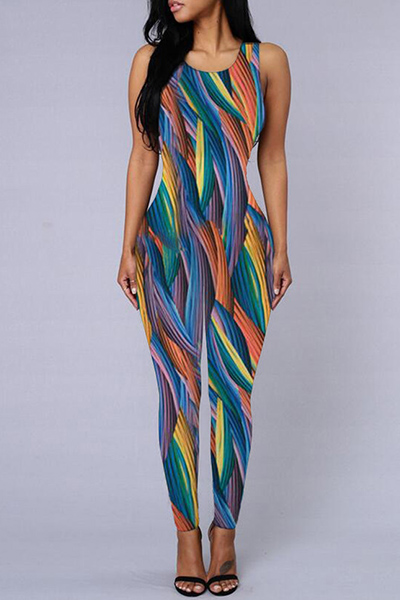 Trendy Round Neck Sleeveless Digital Printing Polyester One-piece Jumpsuits