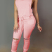 Trendy Round  Neck Tank Sleeveless  Zipper Design Drawstring Pink  Polyester One-piece Jumpsuits