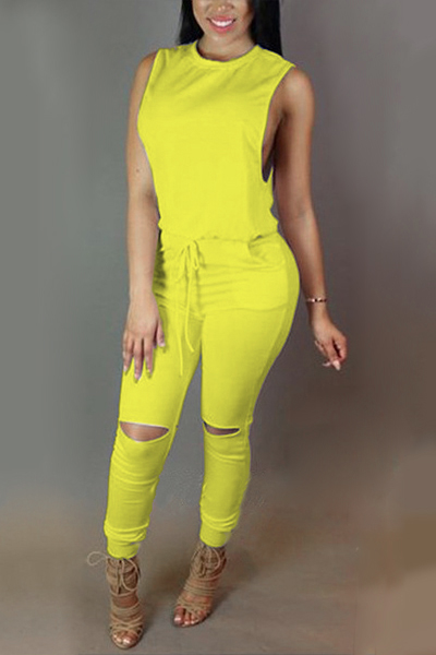 Trendy Round  Neck Tank Sleeveless  Zipper Design Drawstring Yellow  Polyester One-piece Jumpsuits