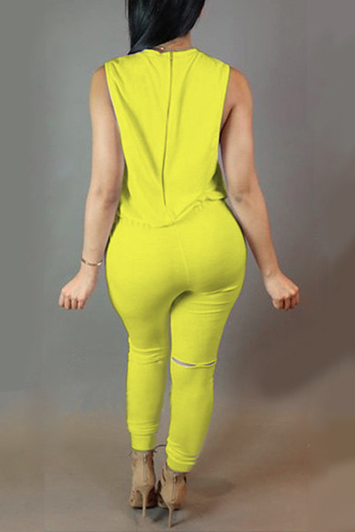 Trendy Round  Neck Tank Sleeveless  Zipper Design Drawstring Yellow  Polyester One-piece Jumpsuits