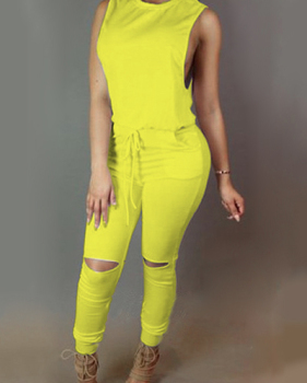 Trendy Round  Neck Tank Sleeveless  Zipper Design Drawstring Yellow  Polyester One-piece Jumpsuits