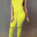 Trendy Round  Neck Tank Sleeveless  Zipper Design Drawstring Yellow  Polyester One-piece Jumpsuits