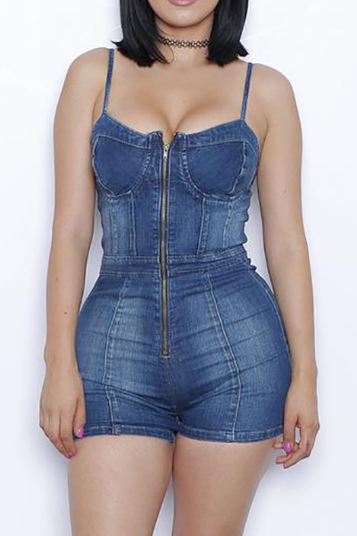 Trendy Spaghetti Strap Sleeveless Zipper Design Blue Denim One-piece Skinny Jumpsuits