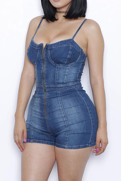 Trendy Spaghetti Strap Sleeveless Zipper Design Blue Denim One-piece Skinny Jumpsuits