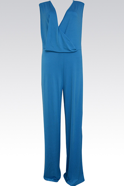 Trendy V Neck Tank Sleeveless Asymmetrical Blue Spandex One-piece Jumpsuit