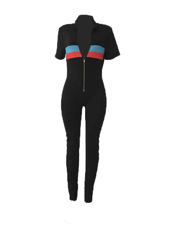 Trendy Zipper Design Black Blending One-piece Jumpsuits