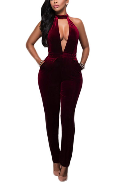 Velvet Solid Skinny Jumpsuits