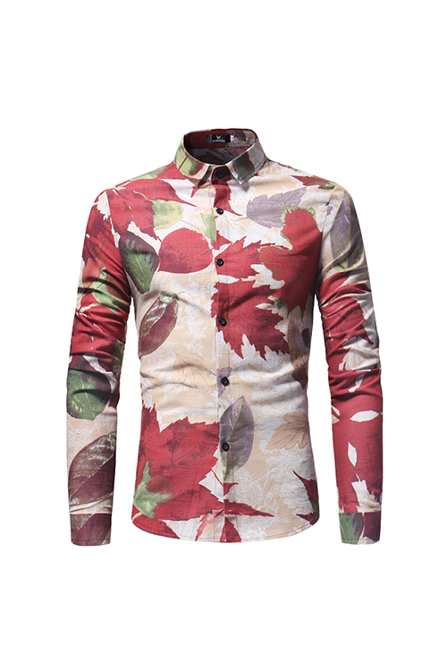  Fashion Turndown Collar Long Sleeves Leaf Printed Khaki Cotton Shirts(Non Positioning Printing)