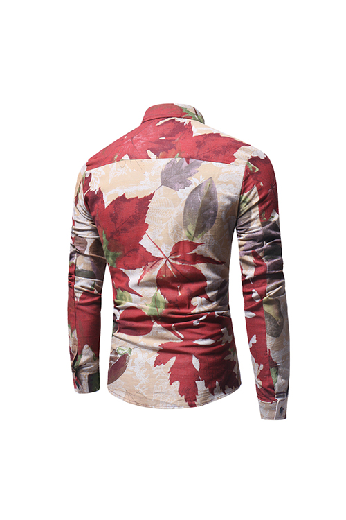  Fashion Turndown Collar Long Sleeves Leaf Printed Khaki Cotton Shirts(Non Positioning Printing)