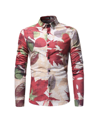  Fashion Turndown Collar Long Sleeves Leaf Printed Khaki Cotton Shirts(Non Positioning Printing)