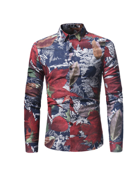  Fashion Turndown Collar Long Sleeves Leaf Printed Navy Blue Cotton Shirts(Non Positioning Printing)