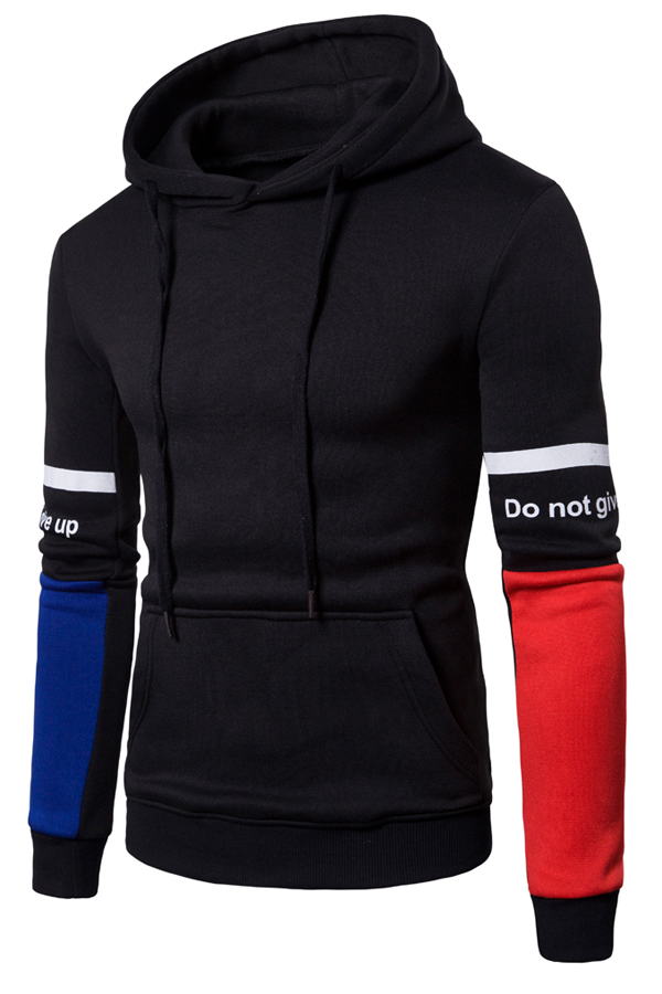  Fashionable Hooded Collar Patchwork Black Cotton Blends Hoodies