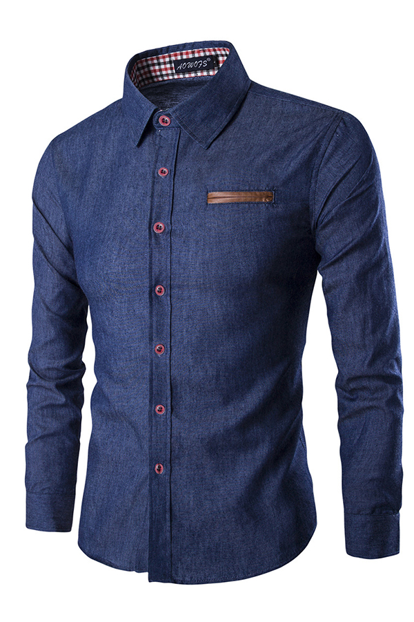  Stylish Turndown Collar Long Sleeves Deep Blue Denim Shirts