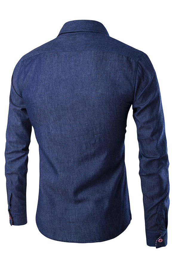  Stylish Turndown Collar Long Sleeves Deep Blue Denim Shirts