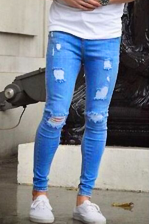  Trendy Broken Holes Light Blue Denim Pants