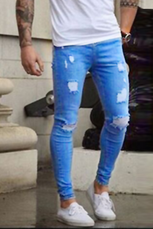  Trendy Broken Holes Light Blue Denim Pants