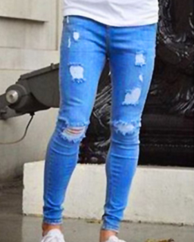  Trendy Broken Holes Light Blue Denim Pants