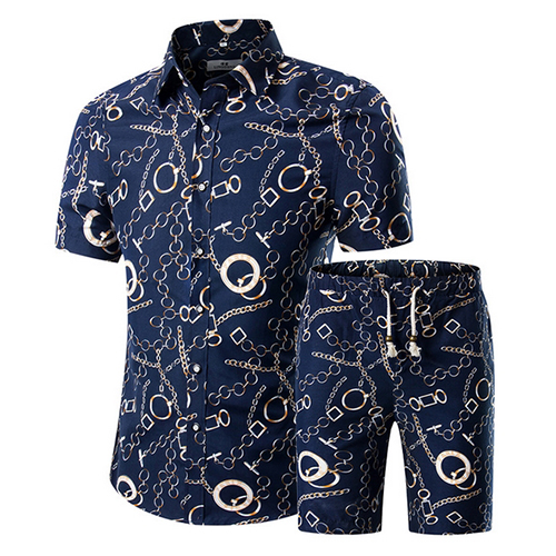 Stylish Mandarin Collar Short Sleeves Printed Blue Cotton Blends Two-piece Shorts Set