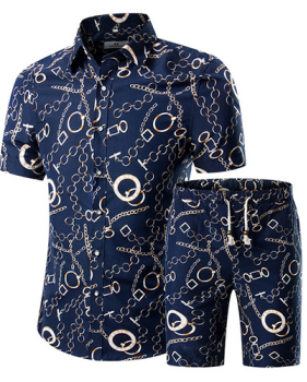 Stylish Mandarin Collar Short Sleeves Printed Blue Cotton Blends Two-piece Shorts Set