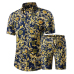 Stylish Mandarin Collar Short Sleeves Printed Yellow Cotton Blends Two-piece Shorts Set