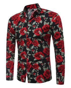 Trendy Long Sleeves Rose Printed Black Cotton Blends Shirts