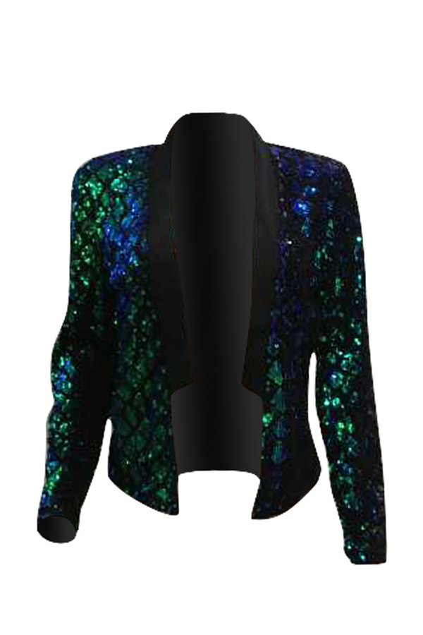  Sexy Mandarin Collar Sequins Decoration Green Polyester Blazer