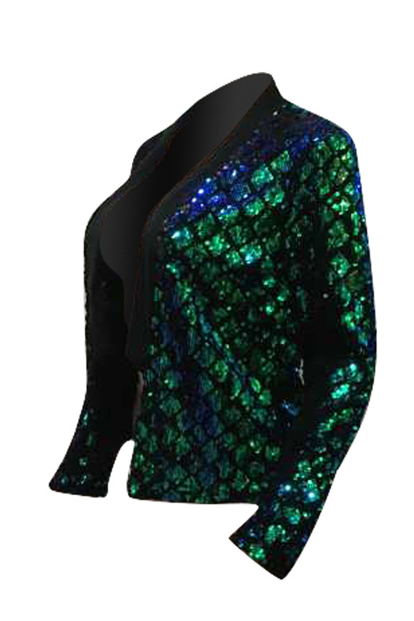  Sexy Mandarin Collar Sequins Decoration Green Polyester Blazer