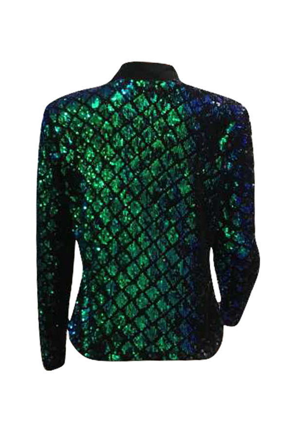  Sexy Mandarin Collar Sequins Decoration Green Polyester Blazer