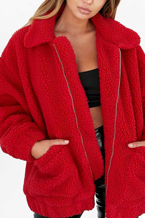  Casual Turndown Collar Long Sleeves Red Polyester Coat