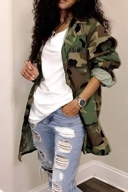  Casual Turndown Collar Single Breasted Camo Cotton Blends Coat(Without Belt)