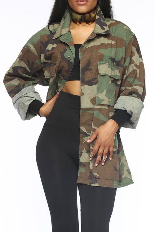  Casual Turndown Collar Single Breasted Camo Cotton Blends Coat(Without Belt)